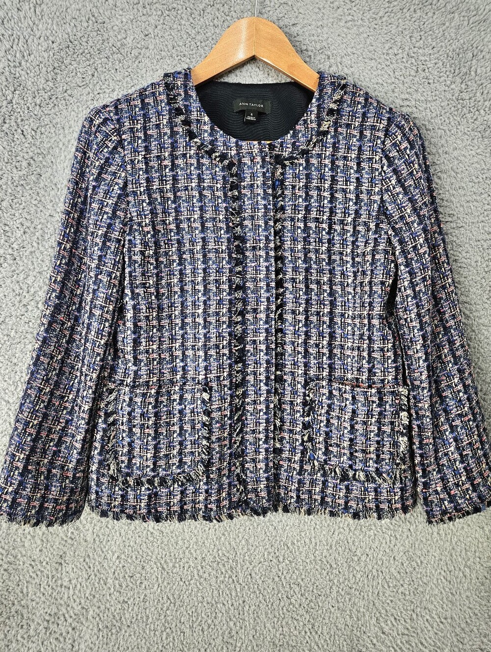 Ann Taylor Fringe Tweed Blazer Sz 4 S Blue Multicolor Chic Preppy Chanel Vibes